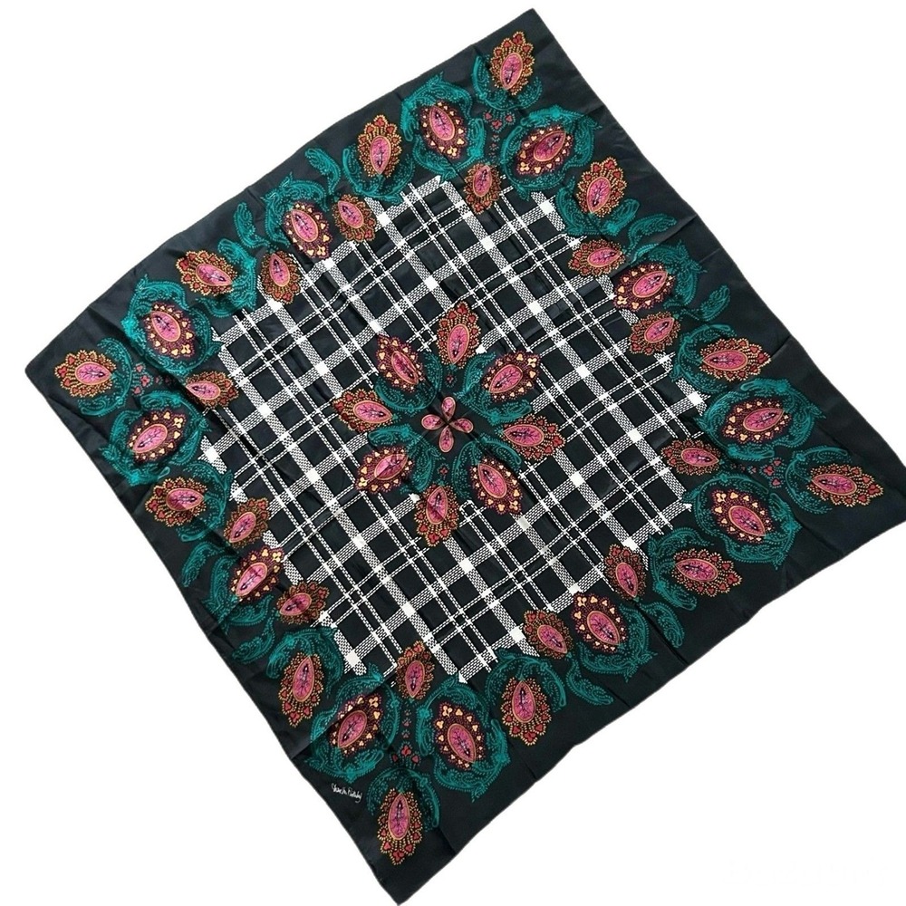 Diane Von Furstenberg 100% Silk Scarf Black Multicolor Paisley Plaid Luxury - Picture 4 of 7